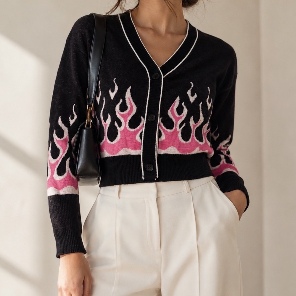 Nikka K Flame Print Cropped Cardigan Sweater Black Pink White V-Neck Medium L3
